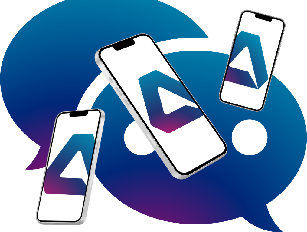 Three smartphones displaying the AET logo in front of a large speech bubble