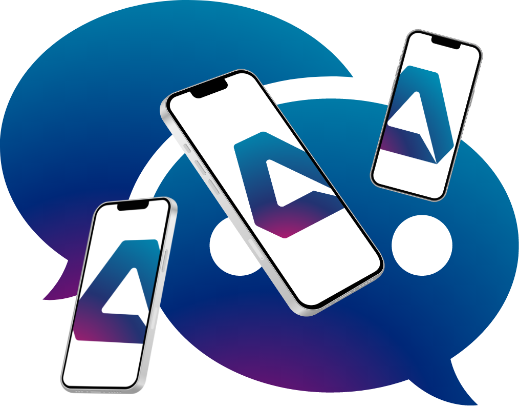 Three smartphones showing the AET logo, in front of a speech bubble
