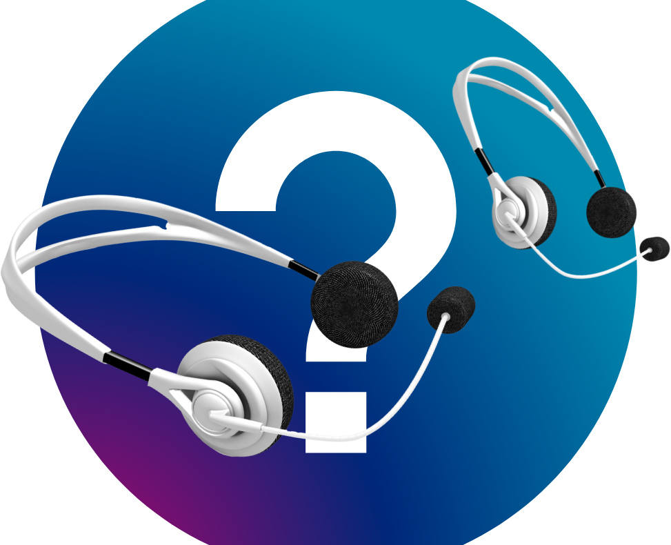 Two headsets with microphones over a question mark on a blue and purple circle