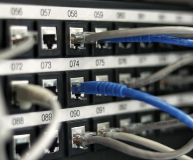 Numbered network patch panel with blue and grey Ethernet cables plugged into ports